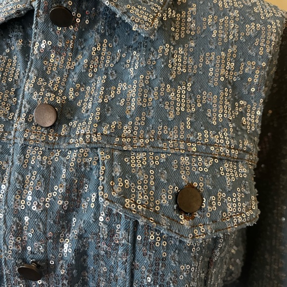 Oversized-Raw edge hem, Sequins Denim/Jeans cropped-Long sleeves Stretch Jacket. - Picture 8 of 16